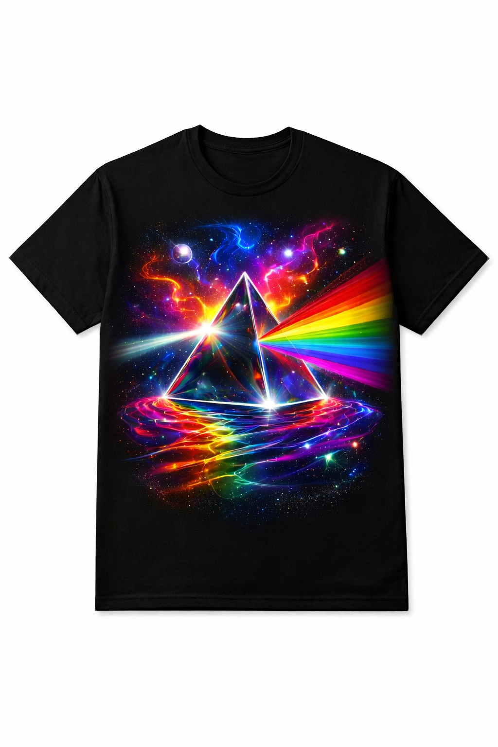 "Cosmic graphic t-shirt", "rainbow prism tee", "music festival shirt"
